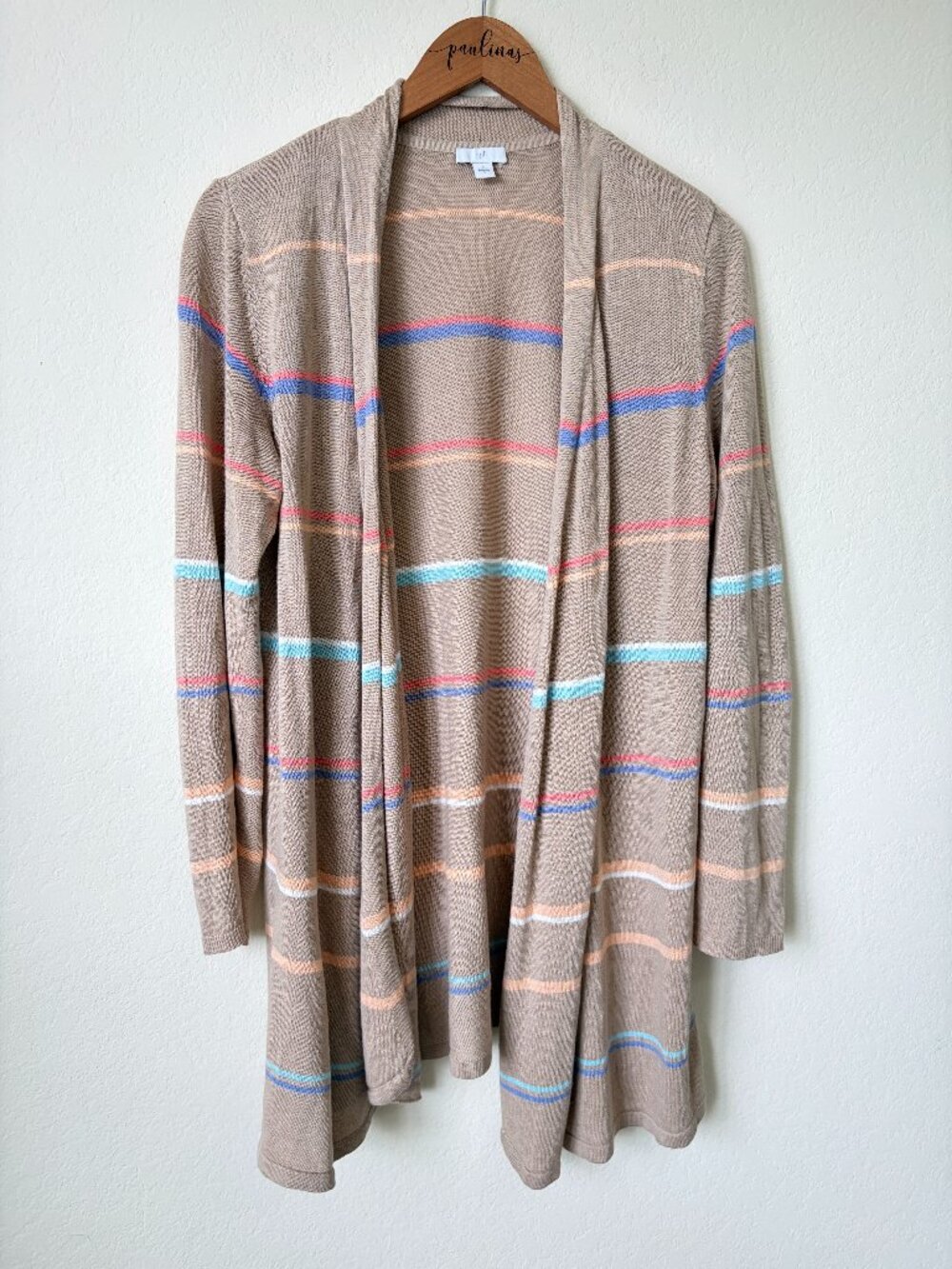 J Jill Sweater Womens Small Tan Rainbow Stripe Open Front Linen Duster Cardigan